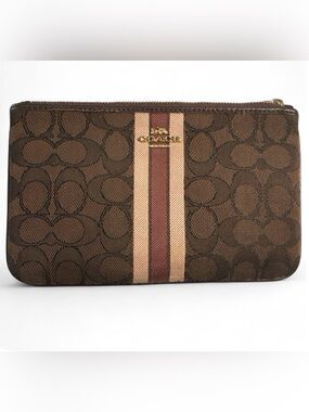 Coach Brown Signature Canvas Wallet with Pink and Burgundy Center Stripe